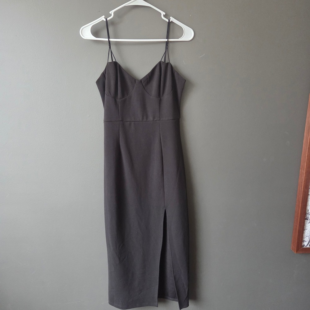 Hello Molly Black Midi Dress Spaghetti Strap Front Slit Size L LBD Cocktail